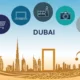 Modern Dubai skyline with icons for shopping cart, laptop, factory, camera, and airplane, illustrating different business license types in Dubai