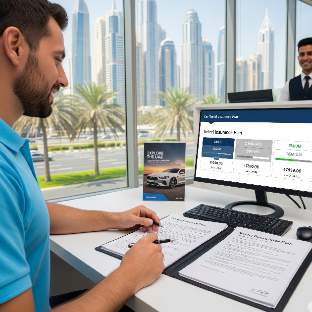 A man in a modern car rental office in Dubai looks at a computer screen showing insurance plan options (Basic, Standard, Premium). He is also reviewing a paper document, with the city's skyline visible through the window.