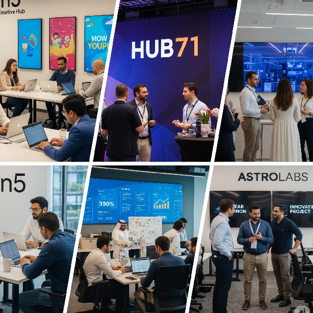 Tech founders working inside In5, Hub71, and Astrolabs incubator spaces in UAE