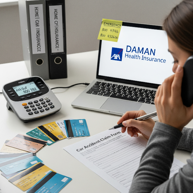 Expat calling UAE insurance helpline to file a car or health claim