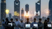 Diverse startup founders in UAE presenting ideas with government support icons and city skyline in background