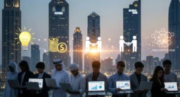 Diverse startup founders in UAE presenting ideas with government support icons and city skyline in background
