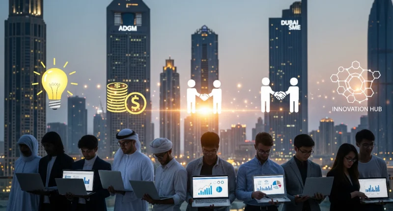 Diverse startup founders in UAE presenting ideas with government support icons and city skyline in background