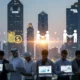 Diverse startup founders in UAE presenting ideas with government support icons and city skyline in background