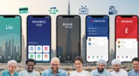 Collage of top UAE banking apps on mobile devices with Dubai skyline and happy expats in background.
