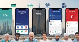 Collage of top UAE banking apps on mobile devices with Dubai skyline and happy expats in background.