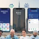 Collage of top UAE banking apps on mobile devices with Dubai skyline and happy expats in background.