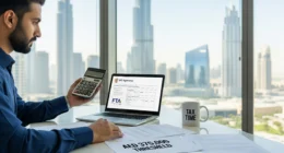 UAE freelancer viewing VAT registration form on laptop with cityscape in background
