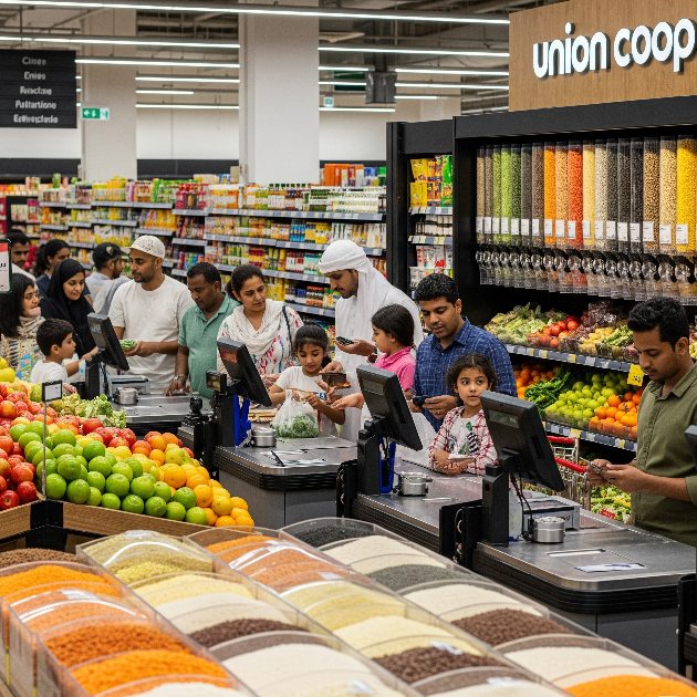 Inside Union Coop Dubai with affordable grocery items and customers shopping in bulk