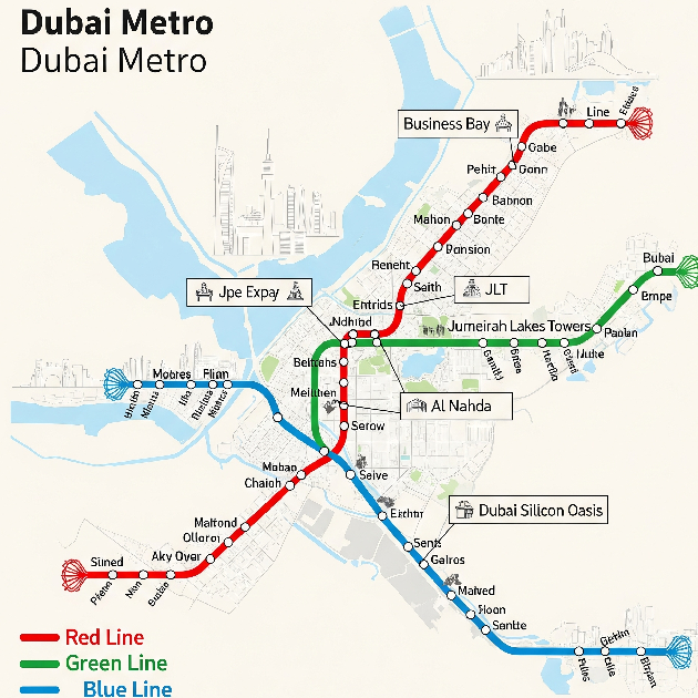 Dubai Metro Map with Red, Green, and Blue lines