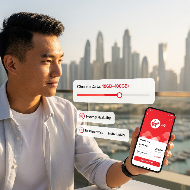 Tech-savvy expat using Virgin Mobile UAE app to customize a 5G SIM plan in Dubai.