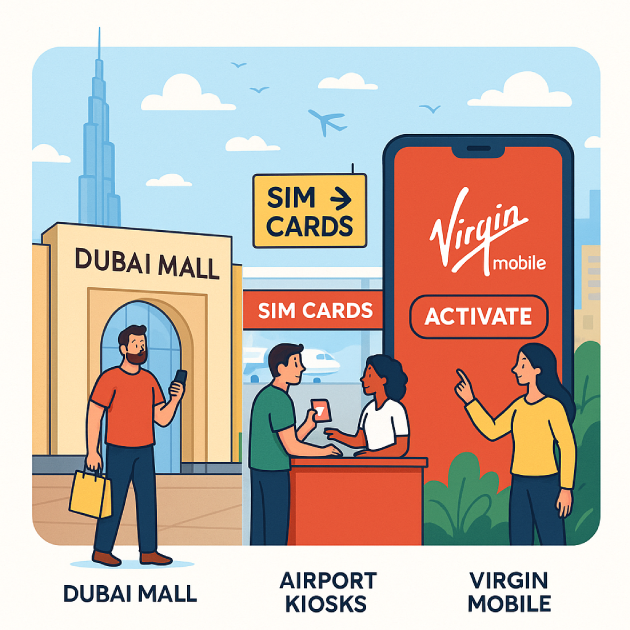 Locations in Dubai to get SIM cards for expats including malls, airport kiosks, and mobile apps.
